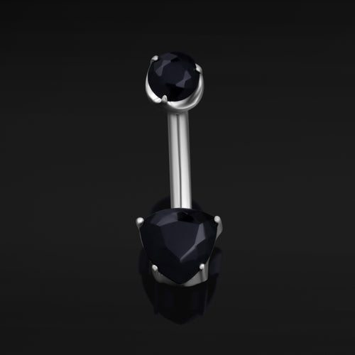Belly Bar, Silver, Double Black Onyx Stone, Internal Thread, Titanium, 1.6mm Gauge
