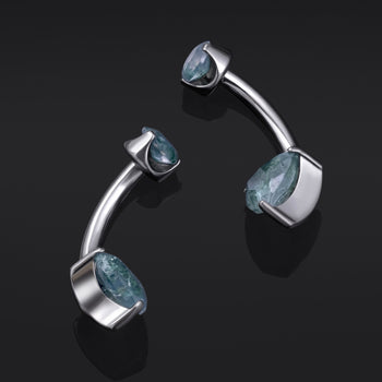Belly Bar, Silver, Double Moss Agate Stone, Internal Thread, Titanium, 1.6mm Gauge