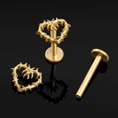 Labret Stud, Gold, Barbed Wire Heart, Internally Threaded, Titanium, 1.2mm Gauge