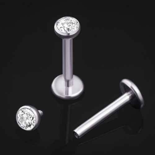 Silver, Bevel Set CZ Stone, Internally Threaded, Labret Stud, Titanium