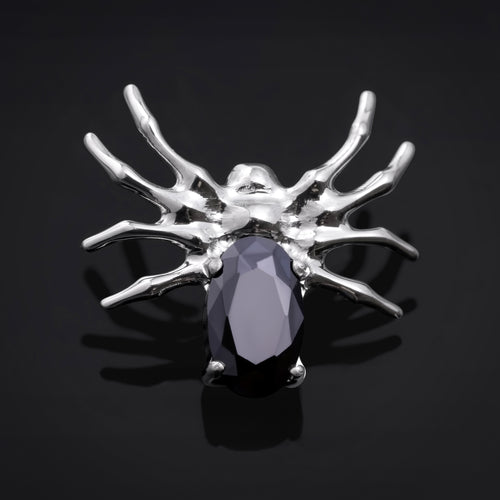Labret Top, Silver, Spider with Black Gem, Internally Threaded, Titanium