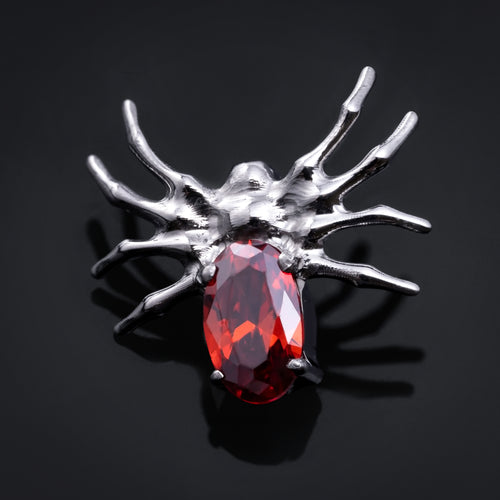 Labret Top, Silver, Spider with Red Gem, Internal Thread, Titanium