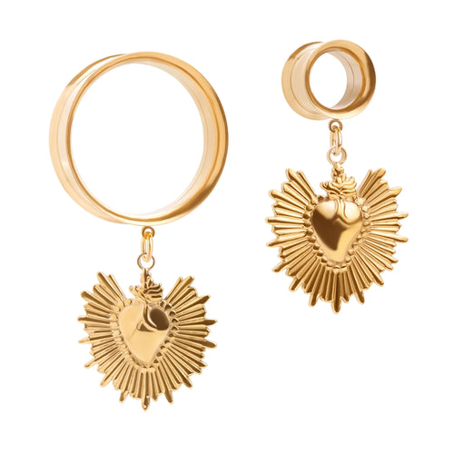 Gold Steel The Auric Sacred Heart Charm Double Flare Dangle Ear Tunnel / Plug / Gauge