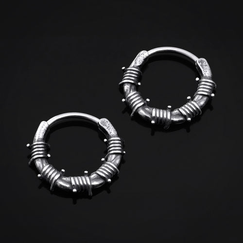 Huggie Hoop Earrings, Gunmetal Grey, Barbed Wire Design, 316L Steel