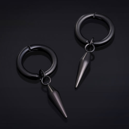 Clip on Earrings, Black, Hoop with Spike Dangle, Stainless Steel - Pair
