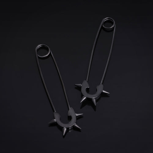 Safety Pin Earrings, Black, Spiked, Stainless Steel - Pair