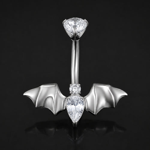 Belly Button Piercing, Silver Jewelled Bat, Internal Thread, Titanium