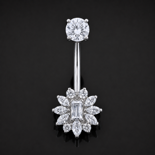 Belly Button Piercing, Silver Jewelled Flower, Internal Thread, Titanium