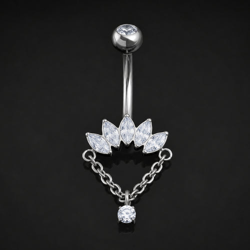 Belly Button Piercing, Silver Jewelled Half Flower, Internal Thread, Titanium