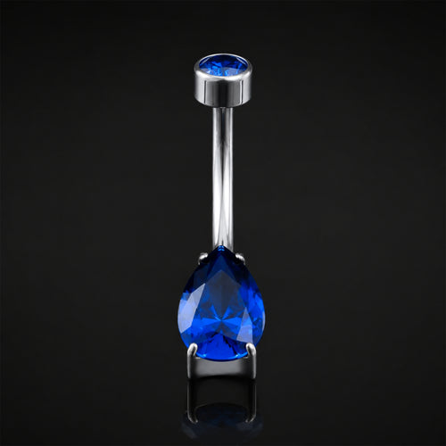 Belly Button Piercing, Silver, Dark Blue CZ Teardrop Stone, Internal Thread, Titanium