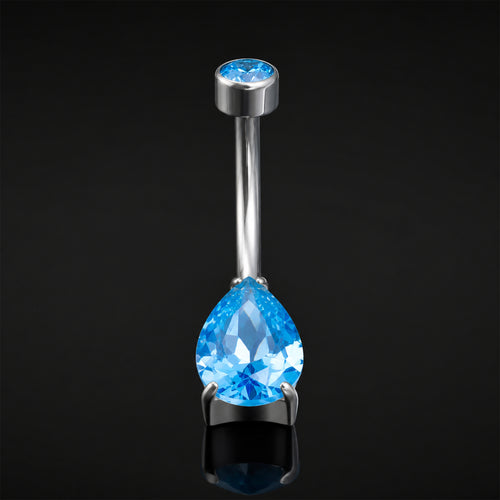 Belly Button Piercing, Silver, Light Blue CZ Teardrop Stone, Internal Thread, Titanium