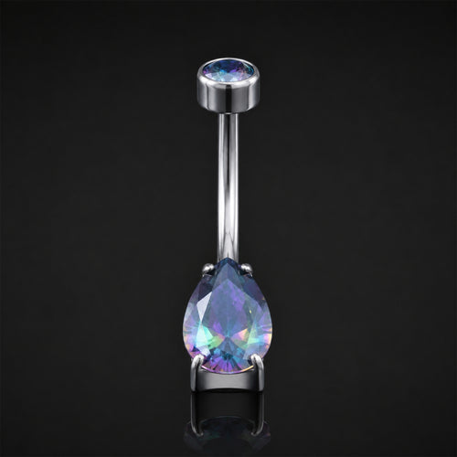 Belly Button Piercing, Silver, Rainbow CZ Teardrop Stone, Internal Thread, Titanium