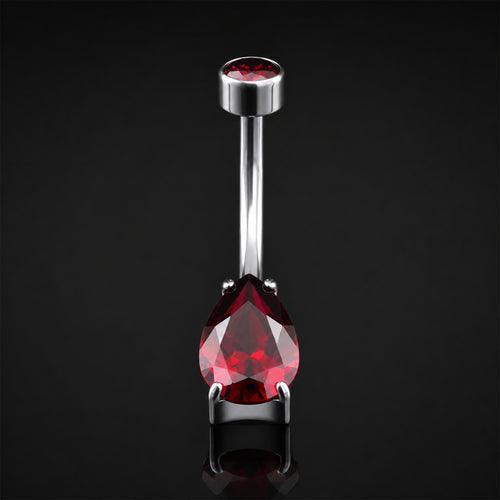 Belly Button Piercing, Silver, Red CZ Teardrop Stone, Internal Thread, Titanium
