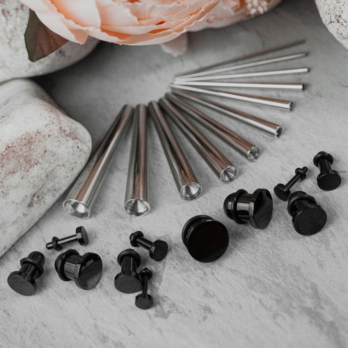 Beginner Ear Stretching Kit, Surgical Steel Taper & Black Steel Plug / Gauge - 22 Piece