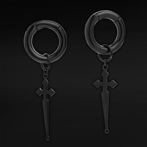 Black Steel Cross Dangle Hoop Ear Hangers - Pair