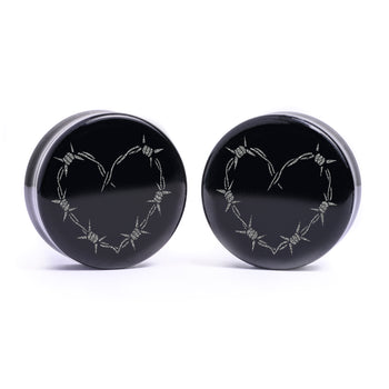 Barbed Wire Heart Tattoo Plug / Gauge - Black Glass | Flat Faced Double Flare