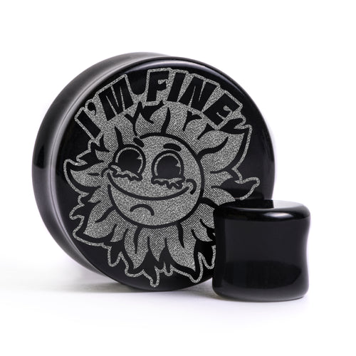 I'm Fine Crying Sunflower Plug / Gauge - Black Glass | Flat Faced Double Flare