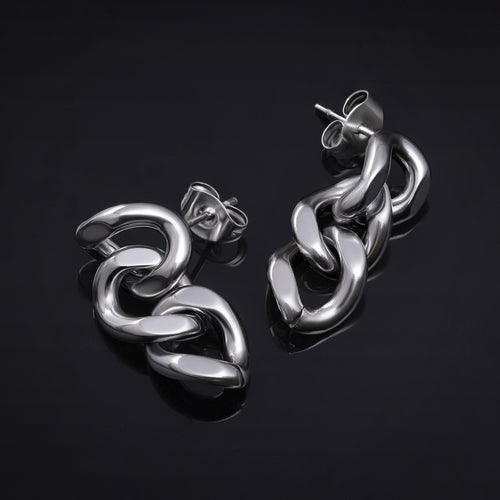 Stud Earrings, Silver, Dangle Chain Link, 316L Stainless Steel - Pair