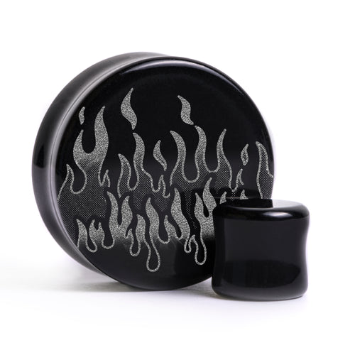 90's Retro Flames Plug / Gauge - Black Glass | Flat Faced Double Flare