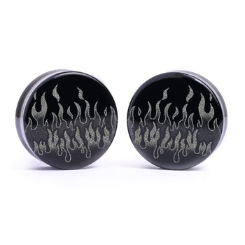 90's Retro Flames Plug / Gauge - Black Glass | Flat Faced Double Flare