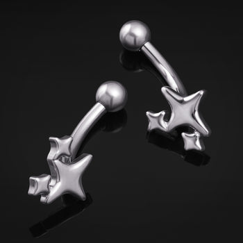 Curved Barbell, Silver, Triple Star, Internally Threaded, Titanium, 1.2mm Gauge