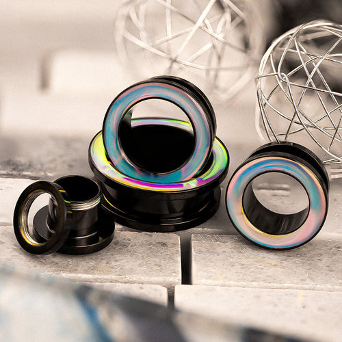 Blue Iridescent Screwback Stainless Steel Ear Tunnel