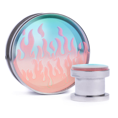 90's Retro Flames - Iridescent Inlay Silver Screwback Double Flare Steel Ear Stretching Tunnel / Gauge