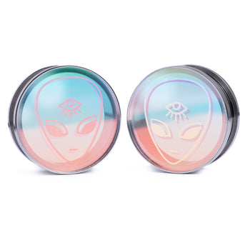 Girl wearing pretty Hammered Silver Steel Keyhole Ear Weights - Pair