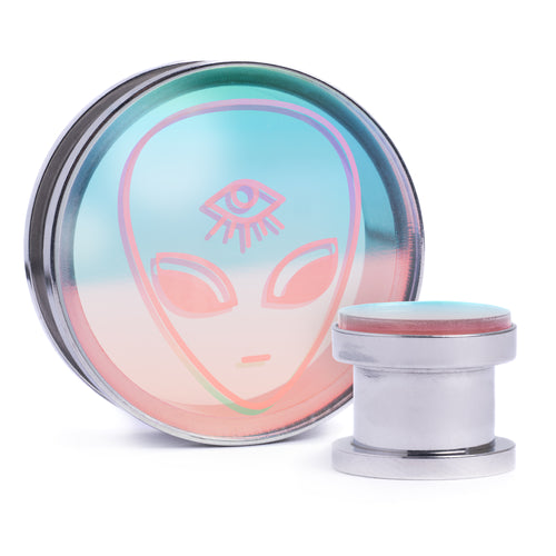Alien - Iridescent Inlay Silver Screwback Double Flare Steel Ear Stretching Tunnel / Gauge