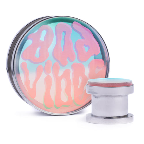 Bad Vibes - Iridescent Inlay Silver Screwback Double Flare Steel Ear Stretching Tunnel / Gauge