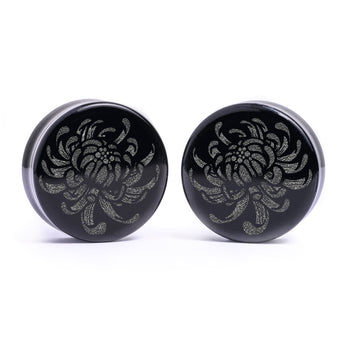 Chrysanthemum Flower Plug / Gauge - Black Glass | Flat Faced Double Flare
