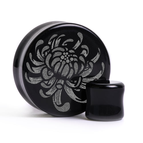 Chrysanthemum Flower Plug / Gauge - Black Glass | Flat Faced Double Flare