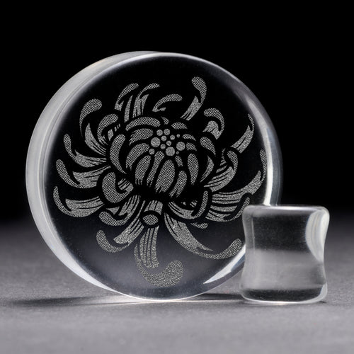 Chrysanthemum Flower Plug / Gauge - Clear Glass | Flat Faced Double Flare