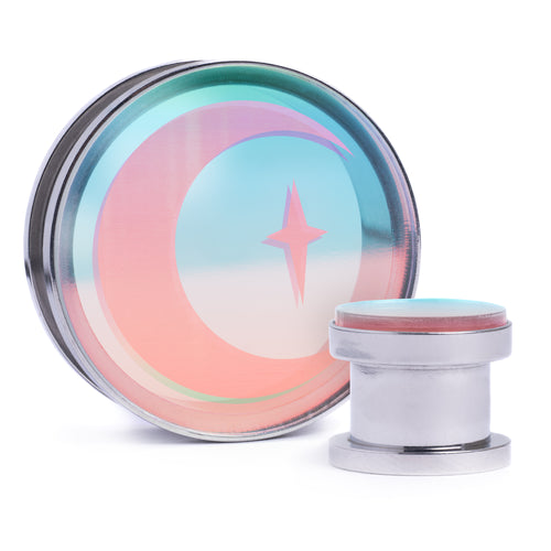 Crescent Moon - Iridescent Inlay Silver Screwback Double Flare Steel Ear Stretching Tunnel / Gauge