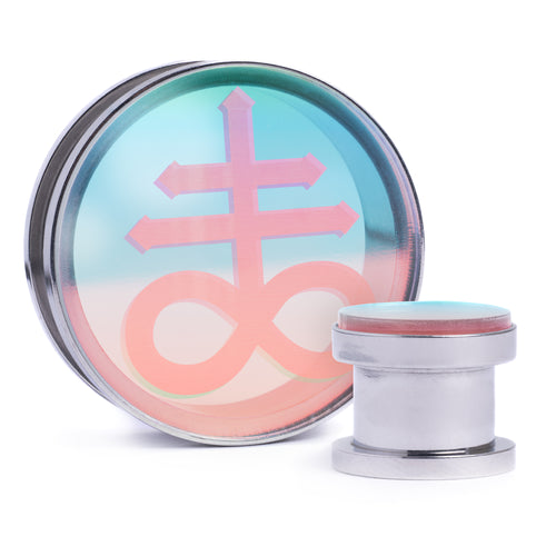 Leviathan Cross - Iridescent Inlay Silver Screwback Double Flare Steel Ear Stretching Tunnel / Gauge