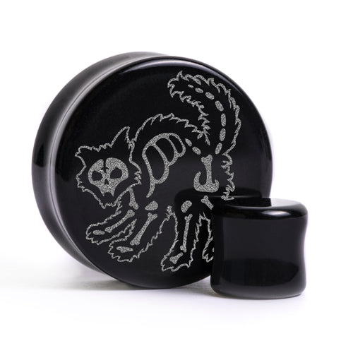 Skeleton Cat Plug / Gauge - Black Glass | Flat Faced Double Flare