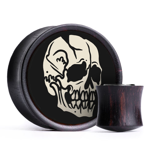 Skull Plug / Gauge - Ivory & Black Inlay Ebony Wood | Convex Double Flare