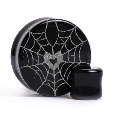Web Heart Plug / Gauge - Black Glass | Flat Faced Double Flare