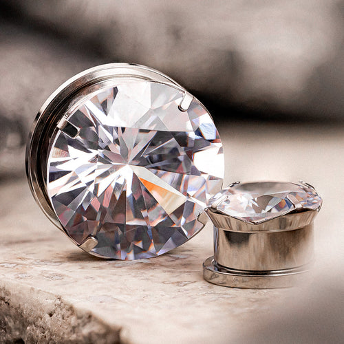 Silver Clear Diamond Screwback Steel Ear Stretching Plug / Gauge