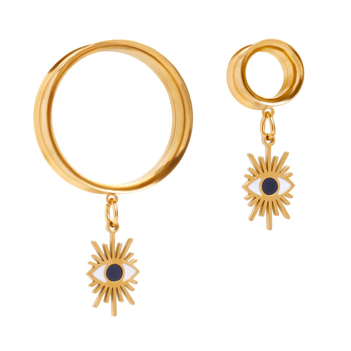 Gold Steel Eye of Revelation Charm Double Flare Dangle Ear Tunnel / Plug / Gauge