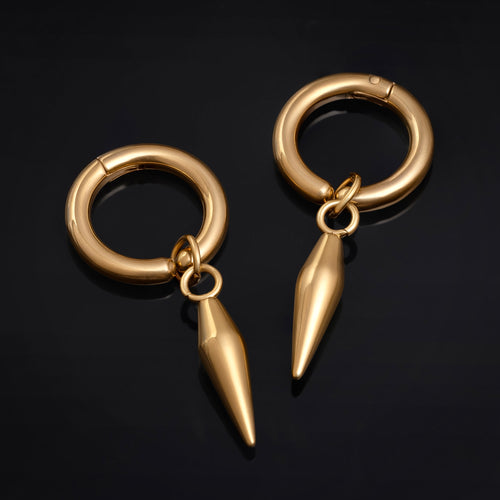 Clip on Earrings, Gold, Hoop with Spike Dangle, Stainless Steel - Pair