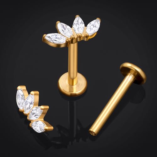 Labret Stud, Gold, Flower with Clear Stone, Internally Threaded, Titanium, 1.2mm Gauge