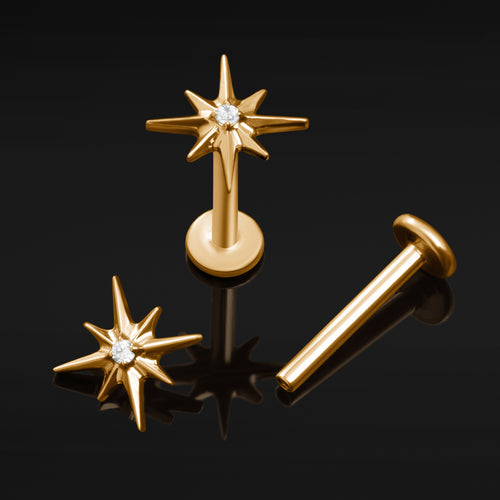 Labret Stud, Gold, Jewelled North Star, Internally Threaded, Titanium, 1.2mm Gauge
