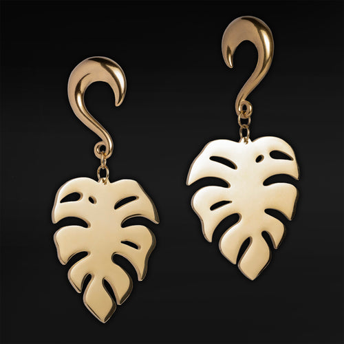 Gold Steel Monstera Leaf Ear Hangers - Pair