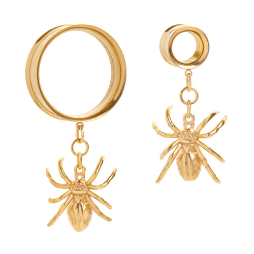 Gold Steel Spider Charm Double Flare Dangle Ear Tunnel / Plug / Gauge