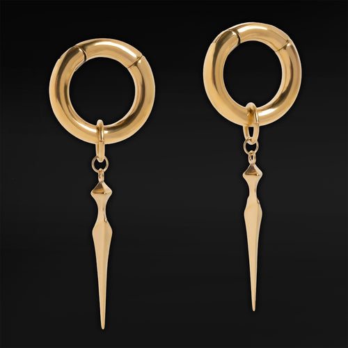 Gold Steel Obelisk Dangle Hoop Ear Hangers - Pair
