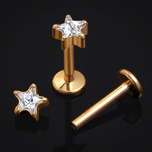 Gold, CZ Stone Star, Internally Threaded, Labret Stud, Titanium