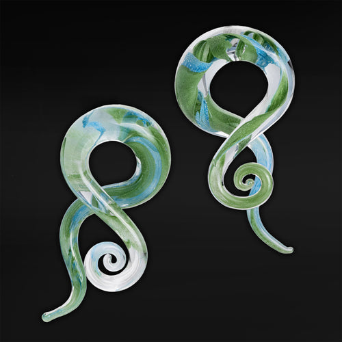 Green & Blue Glass Spiral Ear Hangers - Pair