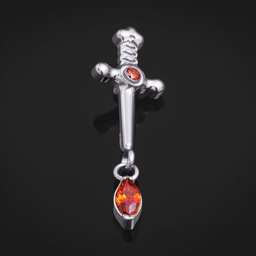 Labret Top, Silver, Sword Dangle with Red Jewel, Internally Threaded, Titanium