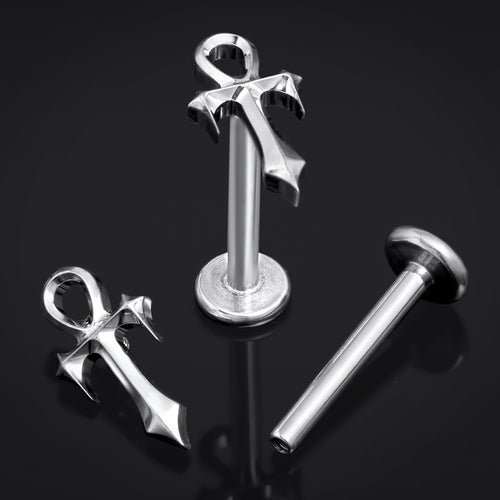 Silver, Spiked Ankh, Internally Threaded, Labret Stud, ASTM F136 Titanium, 1.2mm